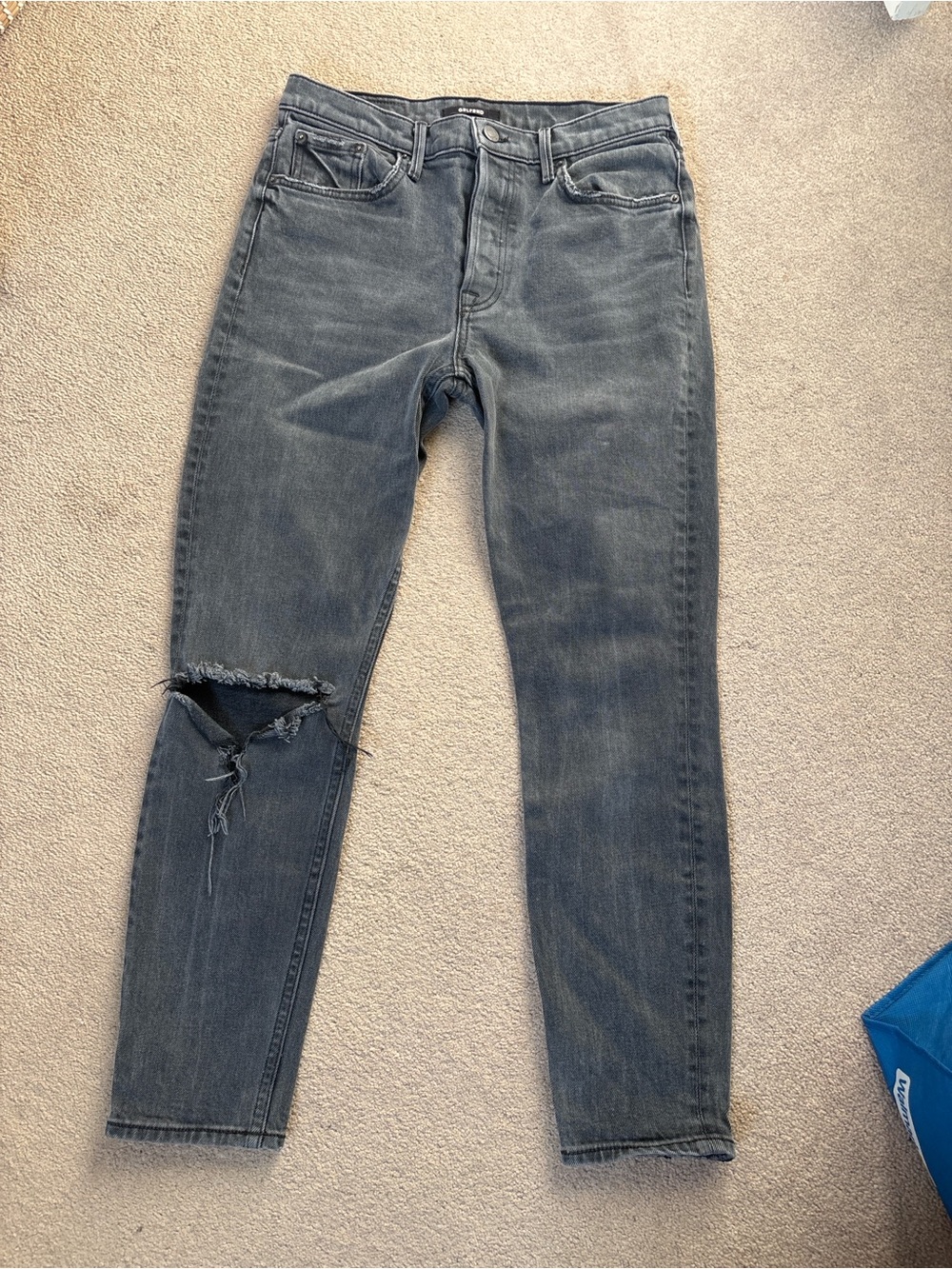 GRLFRND Grey Distressed Jeans Size 28 High Rise Button Fly Denim